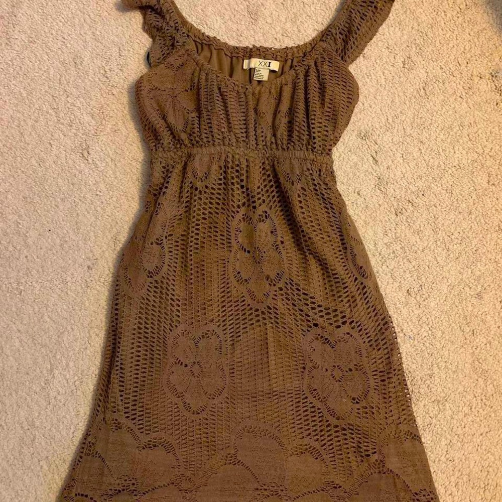 Forever 21 XXI Y2K Taupe Crochet Baby Doll Mini Dress